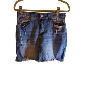 Y2K Denim Mini Skirt Dark Wash Distressed Raw Hem
